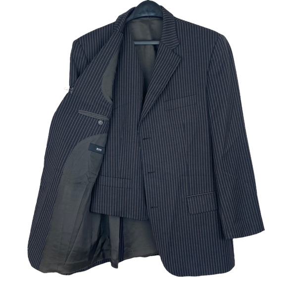 Hugo Boss 42R 100% Wool Sport COAT + VEST Blazer Jacket Striped 3Button Black - Picture 1 of 12